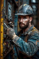 Hardhat-wearing Construction Worker Repairing Electrical Equipment with Determination and Technical Expertise