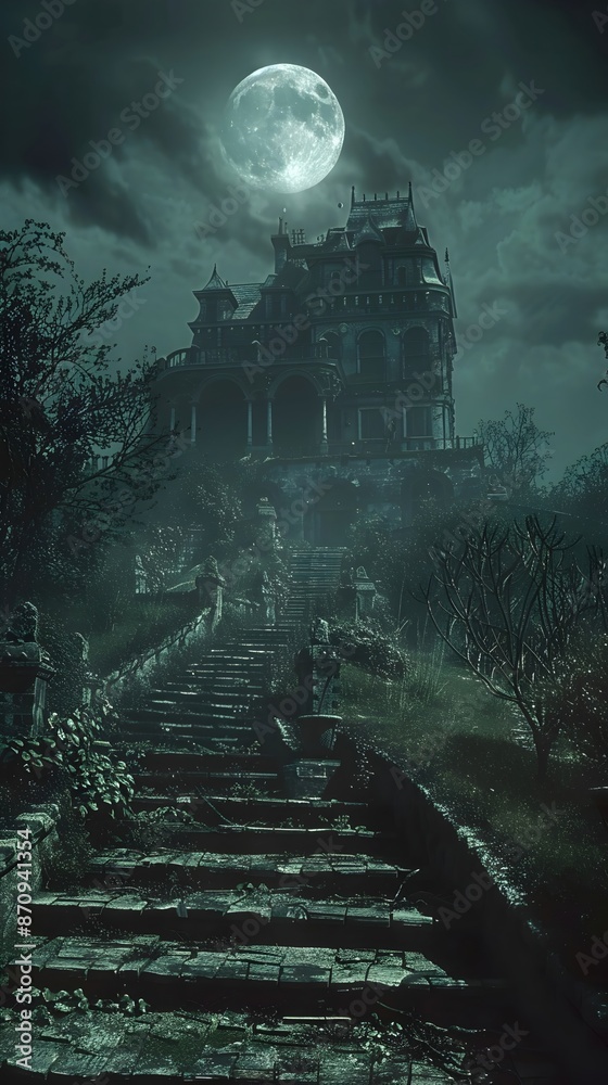 Wall mural Haunting Moonlit Manor:A Crumbling Victorian Era Masterpiece Against an Eerie Backdrop