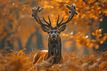 Majestic Deer in Autumnal Forest Landscape,Cinematic Lighting and Dreamlike Impressionistic Style