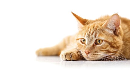 Fototapeta premium Orange tabby cat resting with paw on table on white background