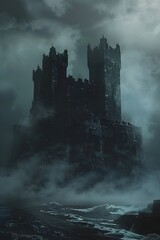 Fototapeta premium Ominous Fortress Towers Rising Against Turbulent Thunderous Sky with Ghostly Mists
