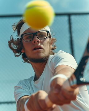 Tennis player hits tennis ball, wearing regular dioptric eye glasses and headband, low angle,