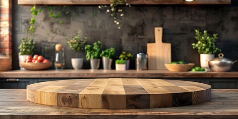 Obraz premium Kitchen podium background food product stand table pedestal display wooden platform