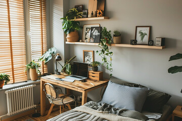 Interior design in Scandinavian, Balinese style, sleeping area, work space, plants. Cozy design