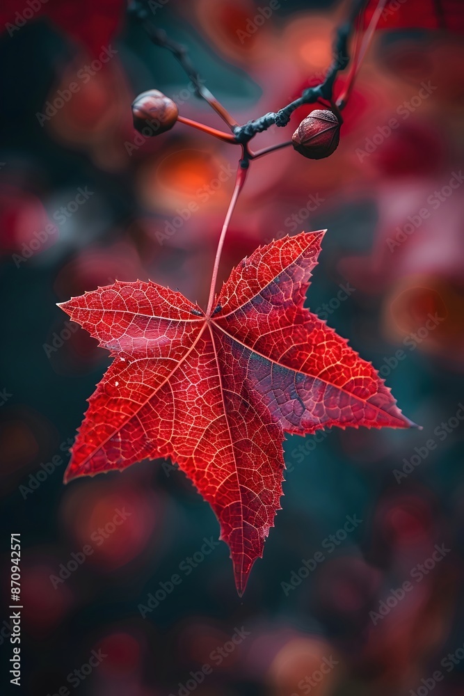 Canvas Prints striking crimson leaf with intricate star-like pattern in cinematic natural setting