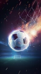 Fototapeta premium Illustration of a glowing soccer ball flying towards the goal with a trail of light
