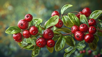 Obraz premium Verdant Cranberry Plant with Ruby-Red Berries and Deep Green Leaves in Botanical Style
