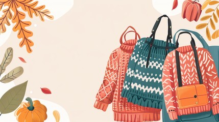Autumnal background with sweaters and leaves.