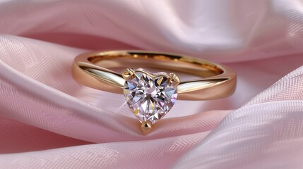 /imagine A delicate gold ring with a heart-shaped diamond centerpiece, resting on a soft pink silk cloth, capturing the romantic and elegant nature of the ring.