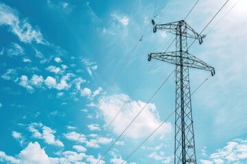 steel power pylon construction with high voltage cables against blue sky. ai generative
