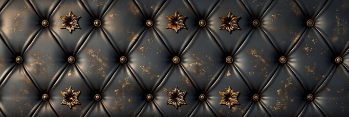 Fototapeta premium Luxurious black tufted leather with ornate gold buttons for an upscale wallpaper design