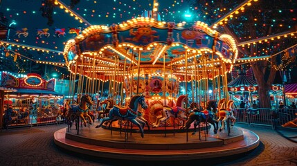 Naklejka premium A brightly lit carousel with painted horses spins at an amusement park, surrounded by twinkling lights.