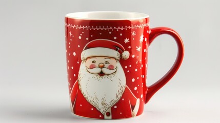 Red festive mug with Santa Claus print on white background for holiday celebration