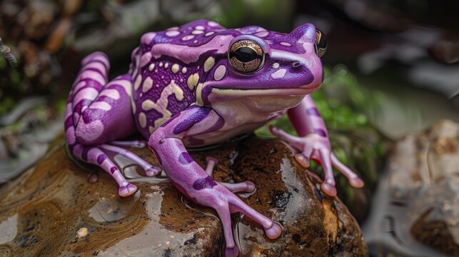 Exotic purple harlequin frog closeup in wild