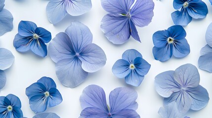 Fototapeta premium A close-up view of delicate blue flowers arranged beautifully on a pristine white background, highlighting the intricate details and vibrant colors of each petal