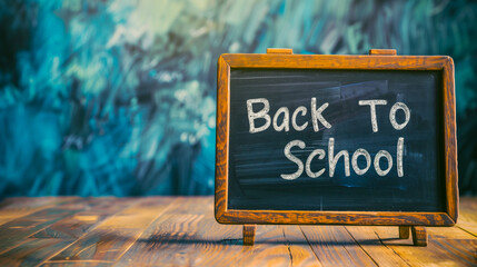 Back to school, inscription on a small blackboard with a wooden frame