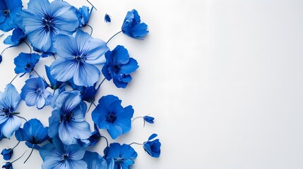 An elegant composition of blue flowers on a clean white background, showcasing the contrast between the vivid blue hues and the simplicity of the white space