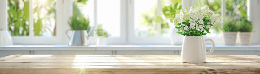 Bright, airy kitchen with fresh flowers on wooden table, sunlight streaming through windows, creating a serene and peaceful atmosphere.