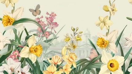 Fototapeta premium Floral illustration with daffodils, orchids, and butterfly