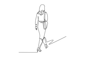 Single one line drawing back view of young female manager walking on town street to go to office while holding suitcase. Urban commuter worker. Continuous line draw design graphic vector illustration