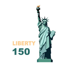Obraz premium Statue of Liberty monument, poster. 150 years. July 4, USA Independence Day. Green flat design template. Holiday, welcome to America USA. New York symbol, banner, advertisement Vector illustration 