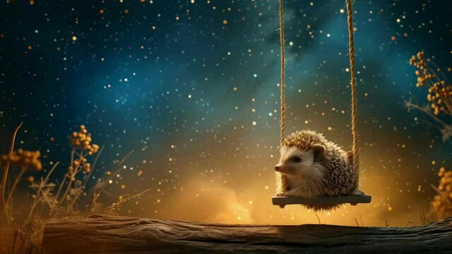 A hedgehog sits on a swing at night, surrounded by wildflowers, under a starry sky. The tranquil scene evokes whimsy and wonder, with the little hedgehog looking content amid the beauty of the nature.