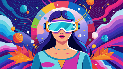 A young woman wearing a virtual reality headset, with a colorful, abstract background