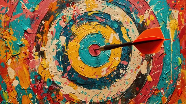 Colorful abstract target with a dart hitting the center, representing precision and accuracy in vibrant artistic style.