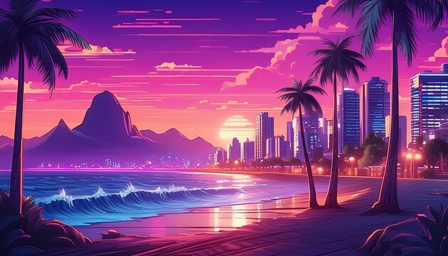 Summer Cyberpunk Background - Colorful Vaporwave Beach Background or Wallpaper - Summer Text - Sunset on the Beach with Sea and Palm Trees - Synthwave or Retro, Retrowave Style 