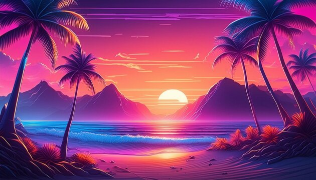Summer Cyberpunk Background - Colorful Vaporwave Beach Background or Wallpaper - Summer Text - Sunset on the Beach with Sea and Palm Trees - Synthwave or Retro, Retrowave Style  - Powered by Adobe