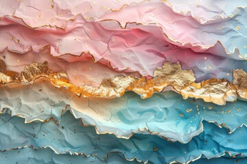 Fototapeta premium Abstract layered pink, blue, and gold textured art