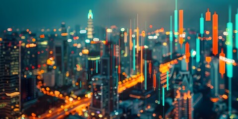 Financial chart on cityscape background representing stock market investment and trading. Concept Stock Market Investment, Financial Chart, Cityscape Background, Trading Strategies