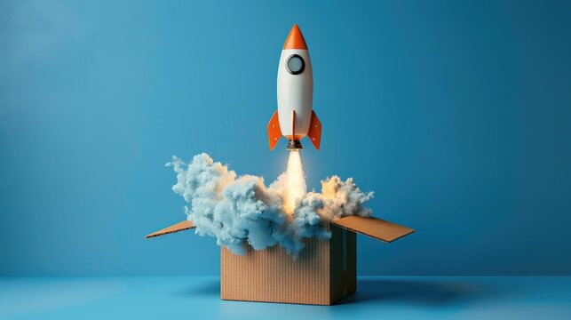 Creative rocket launch concept with a toy rocket taking off from a cardboard box against a blue background with smoke effects.