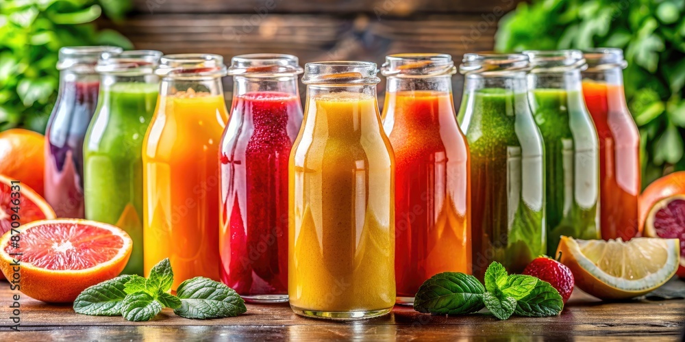 Poster Assorted fresh juices in glass bottles with fruits.