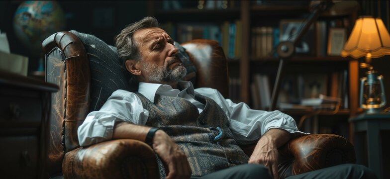 Elderly man with beard sitting thoughtfully in a cozy, dimly lit study filled with books and a globe, deep in contemplation.