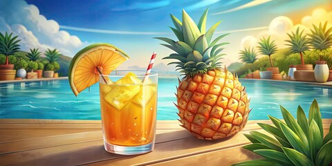 Tropical cocktail with pineapple by the pool.