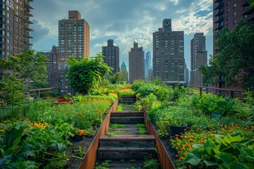 Fototapeta premium Urban rooftop garden filled with vibrant plants flowers, framed by city skyscrapers. Illustrates integration green spaces in urban areas, contributing carbon offsetting climate change mitigation.