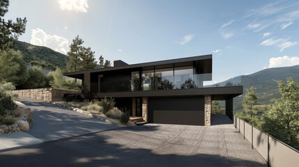 Obraz premium Realistic photograph of dark tone modern residential project design. Exterior view of contemporary private resort in natural landscape. 