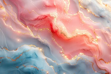 Abstract Fluid Art with Pink, Blue, and Gold Marbling
