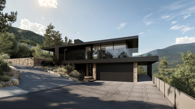 Realistic photograph of dark tone modern residential project design. Exterior view of contemporary private resort in natural landscape. 