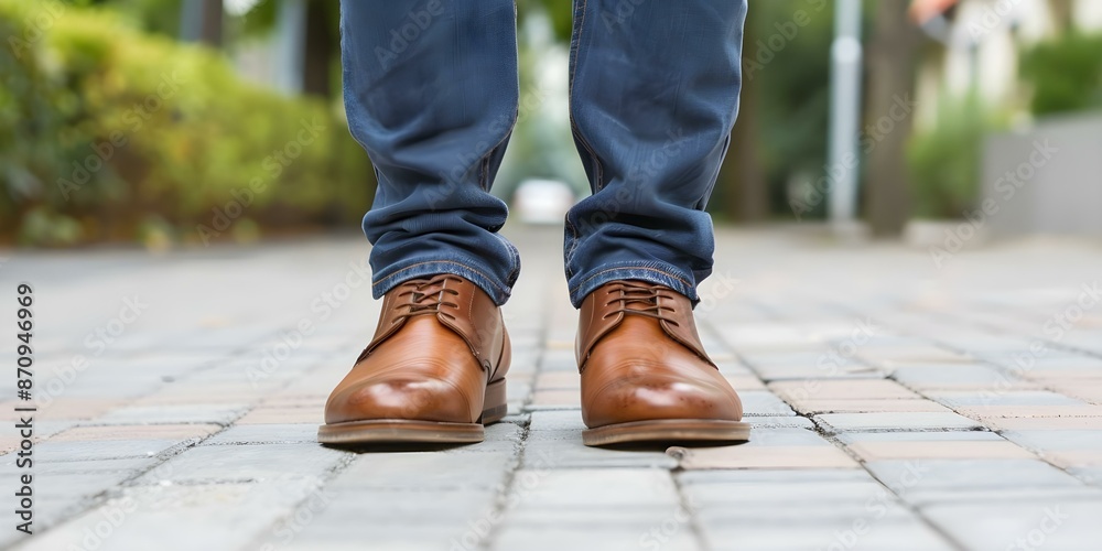 Wall mural Man in jeans and brown shoes standing on a sidewalk. Concept Street Fashion, Casual Style, Urban Photography, Men's Fashion - Wall murals