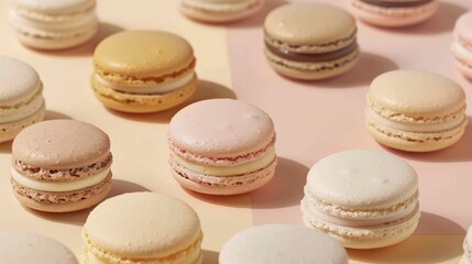 Obraz premium Colorful Assortment of Macarons on Pastel Background for Greeting Cards, Posters, and Culinary Designs