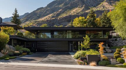 Realistic photograph of dark tone modern residential project design. Exterior view of contemporary private resort in natural landscape. 