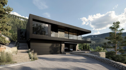 Obraz premium Realistic photograph of dark tone modern residential project design. Exterior view of contemporary private resort in natural landscape. 