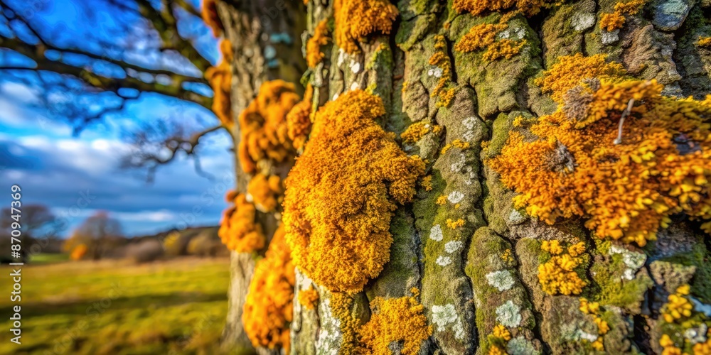 Canvas Prints Textured tree bark with bright yellow moss.