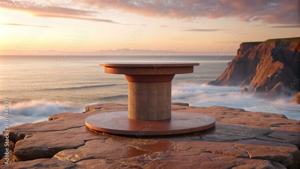 Sticker Seaside stone table overlooking a calm ocean.