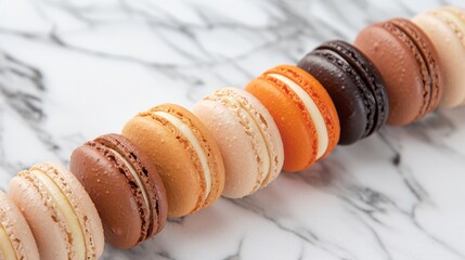 Vibrant Assorted Macarons Arranged on Marble Surface for Pastry Lovers and Culinary Designs
