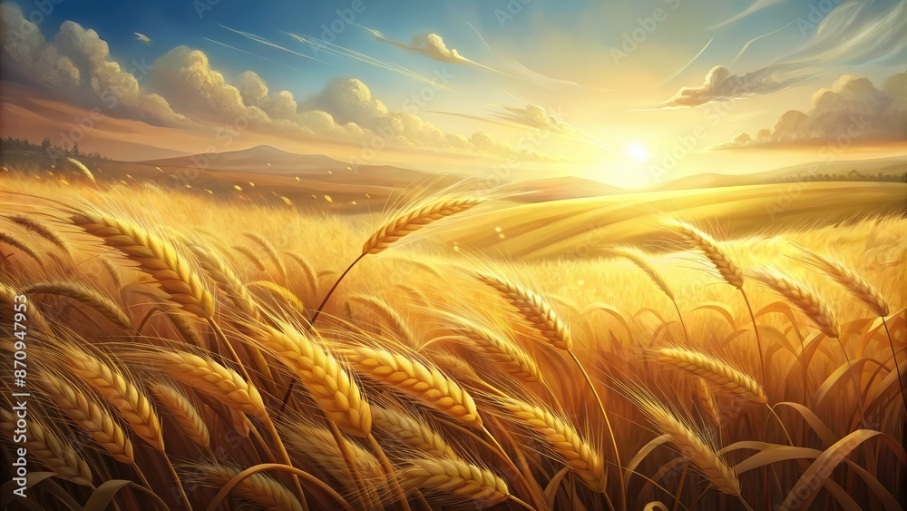 Poster Golden wheat field bathed in sunlight at dusk.