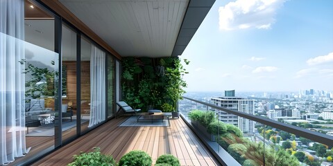 Condo penthouse with wooden balcony city view garden and sky. Concept Penthouse Living, Wooden Balcony, City Views, Rooftop Garden, Skyline Vibes