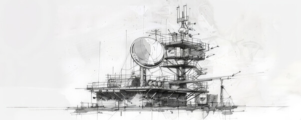 Obraz premium A detailed sketch of a combat communication tower, featuring its antennas, control units, and power supply. The white background emphasizes the tower's design and communication capabilities.
